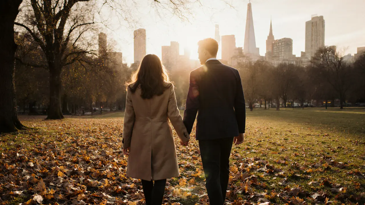 A couple walking peacefully through Hyde Park at sunset, enjoying each other&#039;s company in London.
