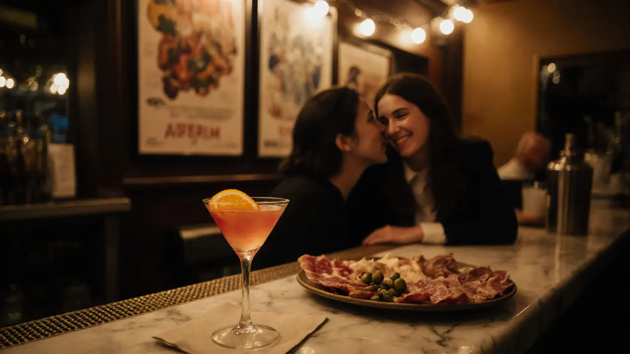 A cozy Italian-inspired bar with a Negroni, cured meats, and warm lighting creating a relaxed evening vibe.