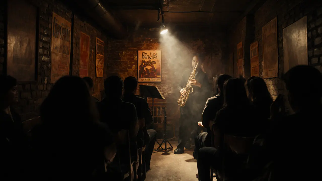 A dim jazz cellar with a saxophonist playing in a corner, patrons swaying quietly in warm, smoky light.