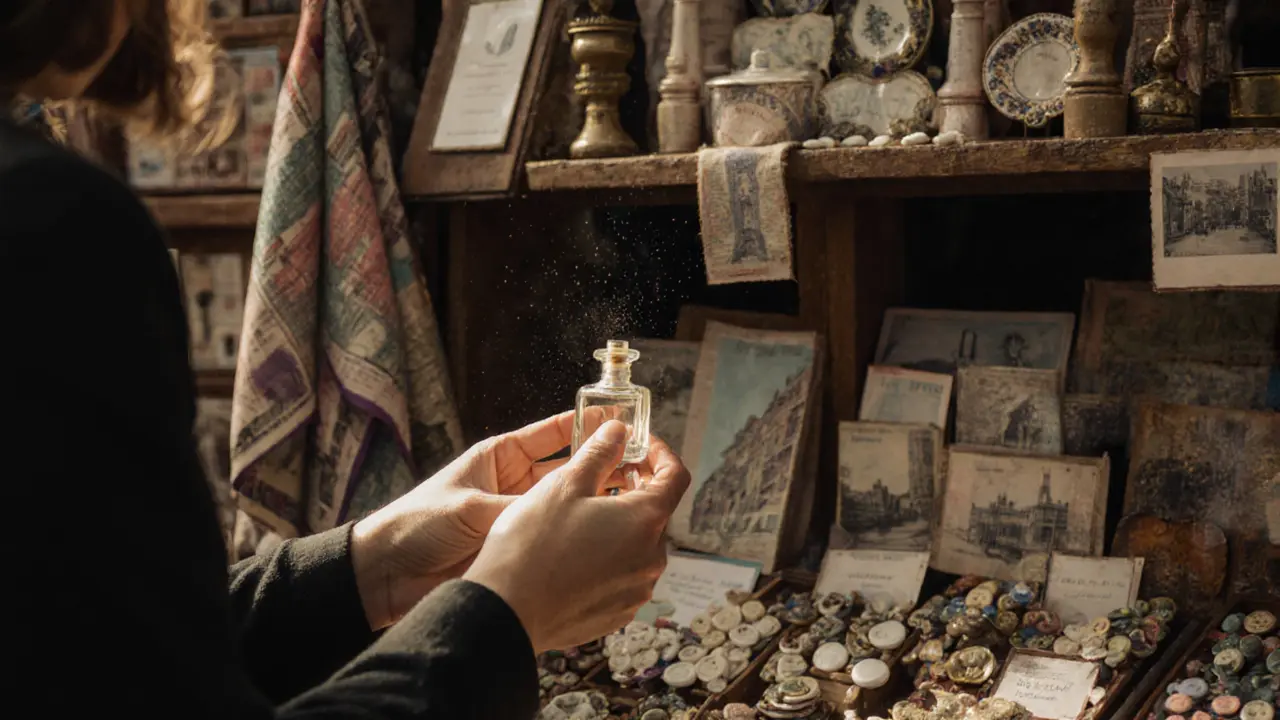 A hand choosing a hand-blown glass perfume bottle at a vintage Paris flea market.