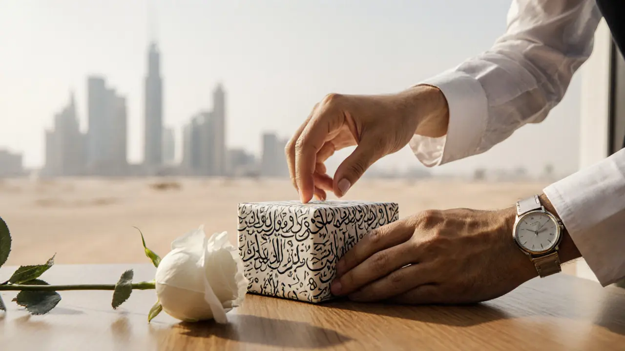 A hand placing a book and a single rose on a wooden table, symbolizing thoughtful appreciation without money.