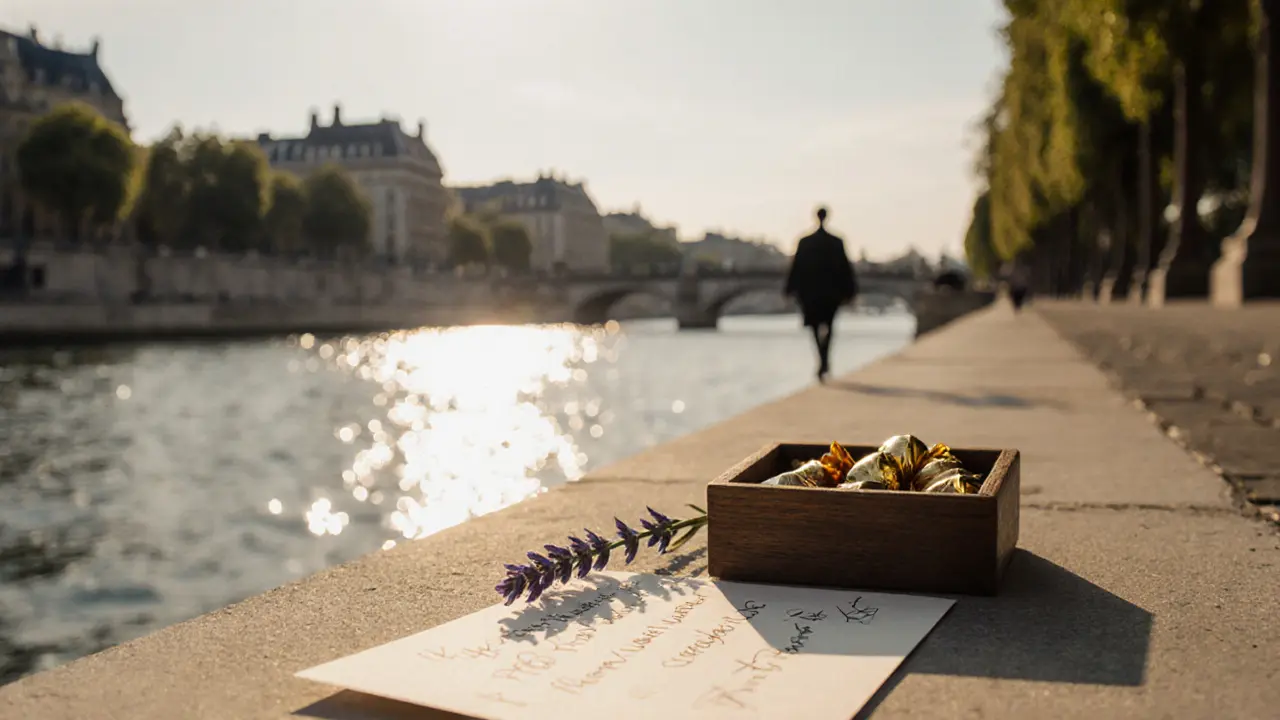 A handwritten note with gourmet chocolates and lavender beside the Seine at dusk.