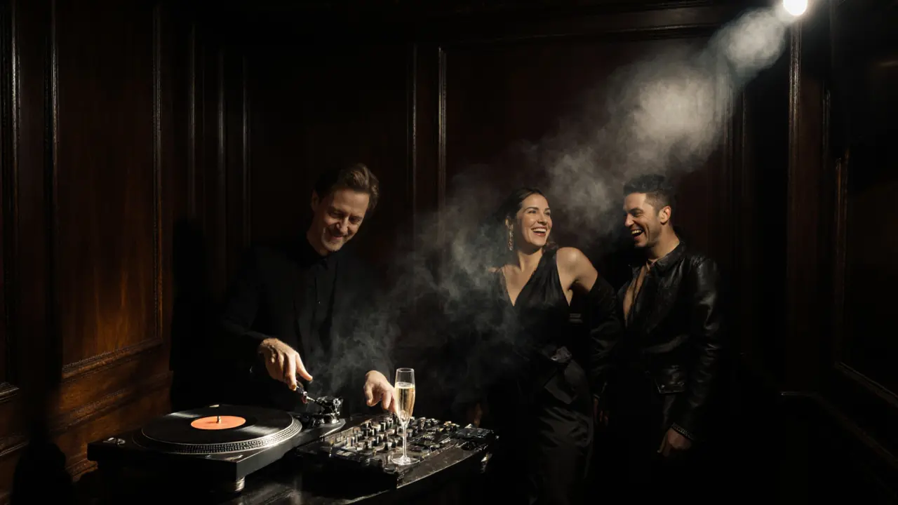 A hidden VIP lounge at La Perle with a DJ playing vinyl, dim lighting, and a small group of stylish guests in the shadows.