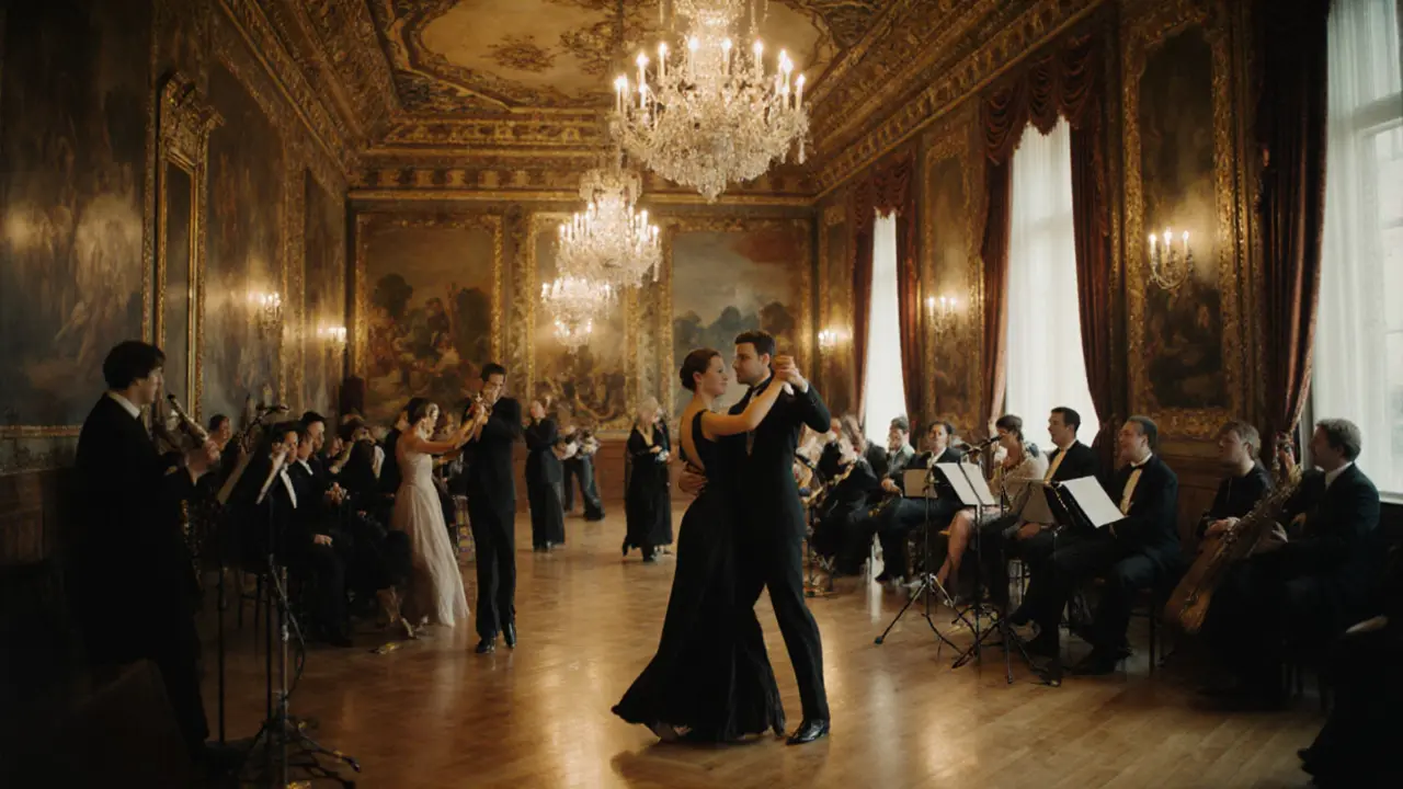 A man and woman dancing gracefully in a vintage ballroom with live jazz music and golden lighting.