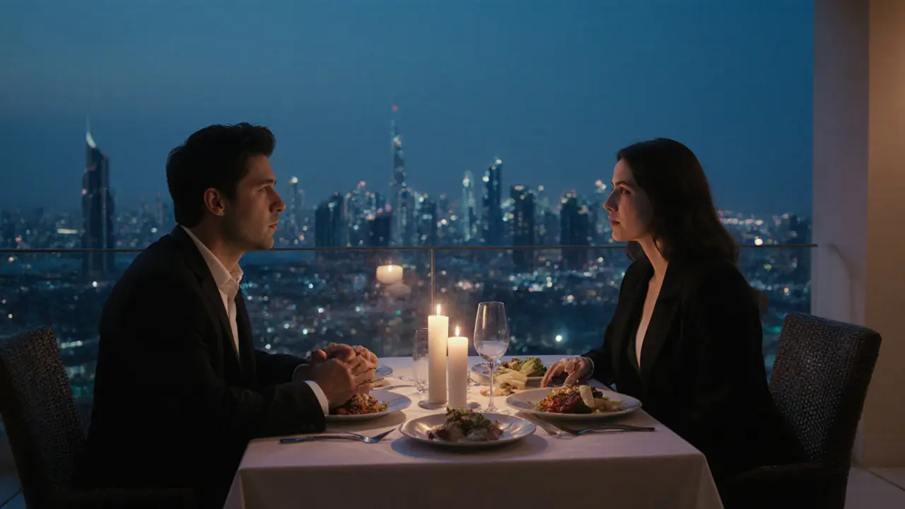 A man and woman share a quiet dinner at a villa in Dubai, enjoying conversation with the city lights in the background.