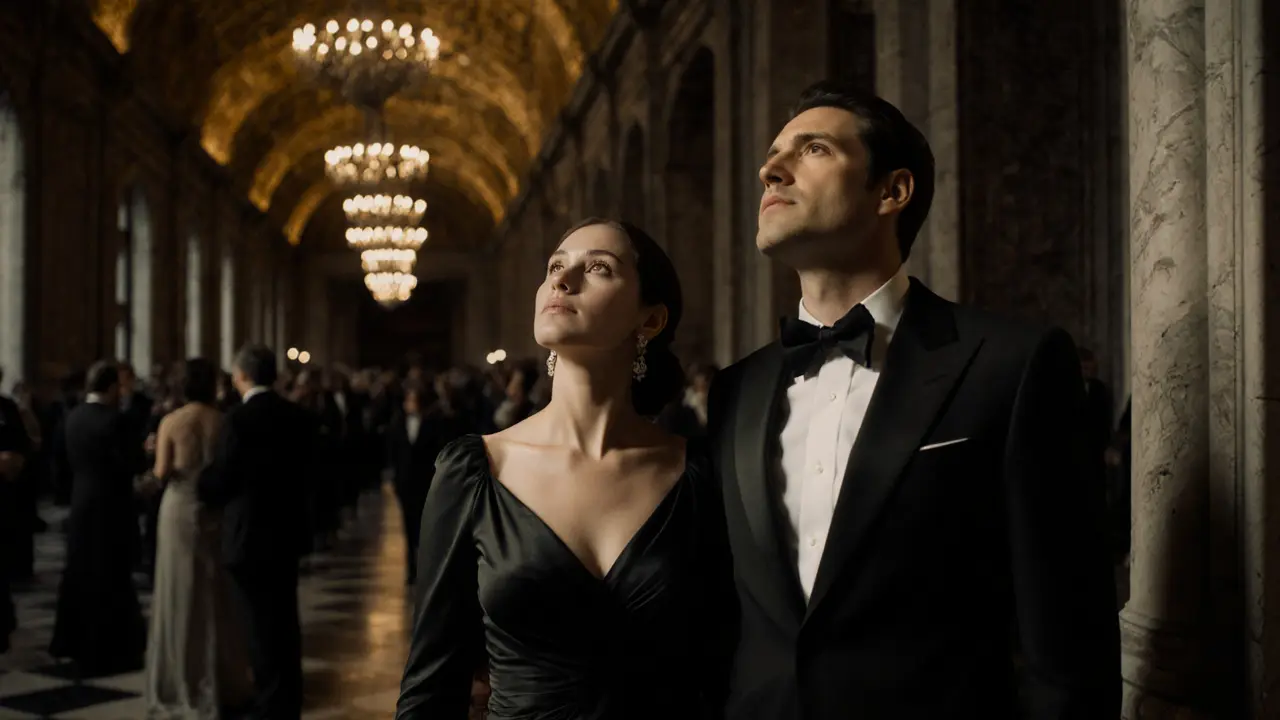 A man and woman standing silently together during intermission at La Scala opera house.
