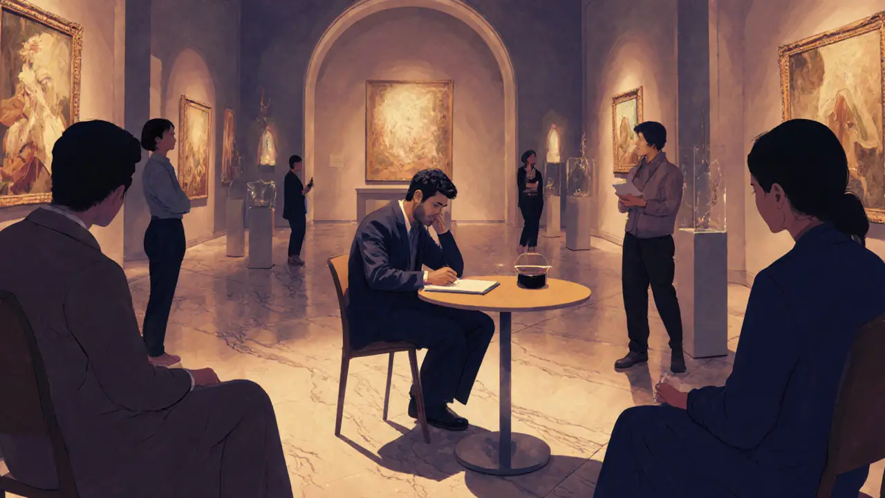 A man attending a poetry night at Louvre Abu Dhabi, surrounded by others in a calm, culturally rich setting.