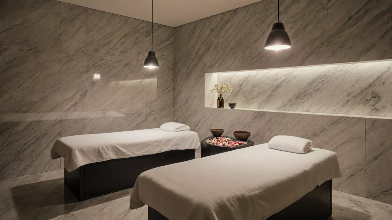 A modern spa room with parallel massage tables, rose petals in water, and minimalist marble design.
