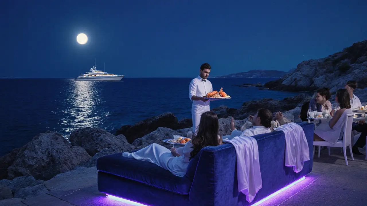 A moonlit beach club at dawn with underwater lights, velvet sofas, and a private yacht docked as a waiter serves seafood.