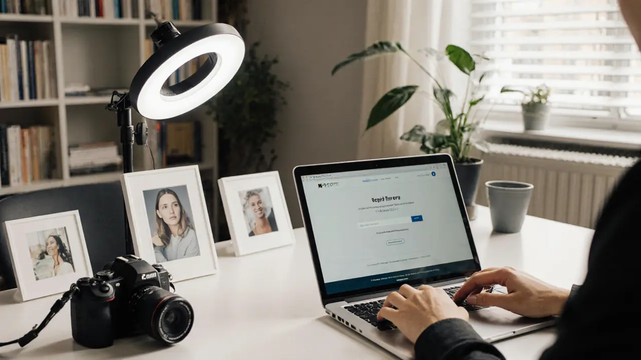A professional home office setup in London with camera equipment and photos, natural light, no faces visible, focused on tools and privacy.