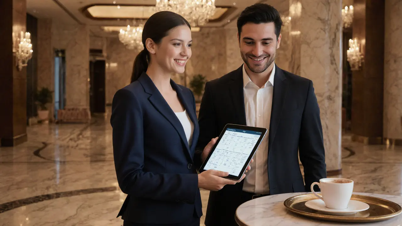 A professional hostess in a suit at a luxury Dubai hotel event, smiling beside a client.