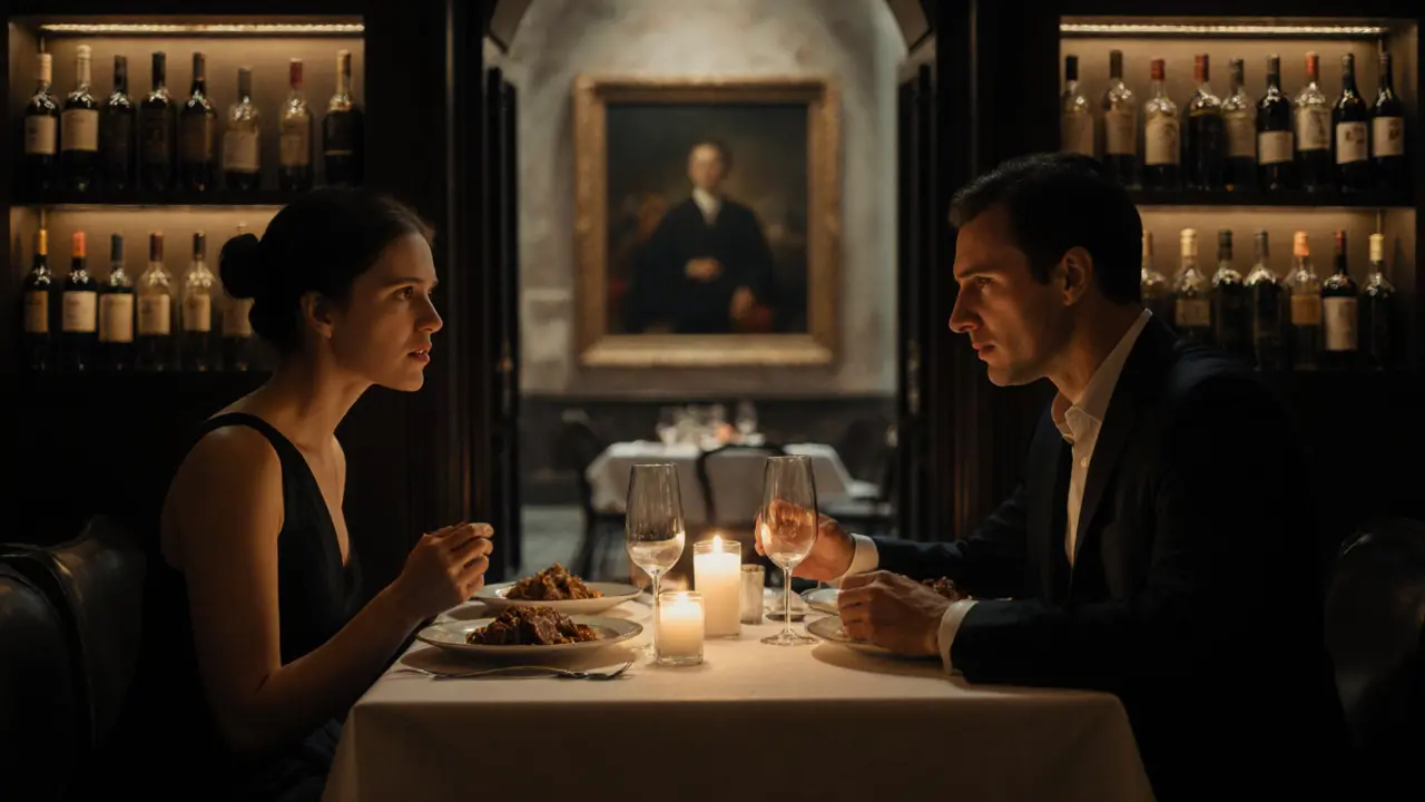 A quiet dinner in Brera with candlelight, fine dining, and subtle conversation between two people.