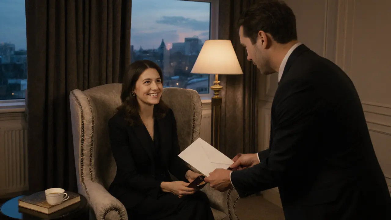 A respectful exchange in a luxury hotel room, a man handing an envelope to a woman seated calmly.
