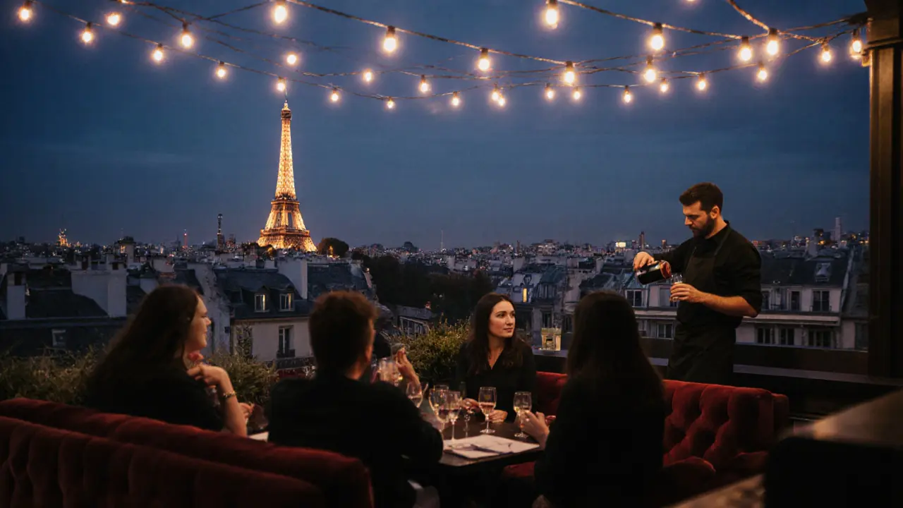 A rooftop bar overlooking Notre-Dame at dusk, guests lounging on couches with string lights above and city glow behind.