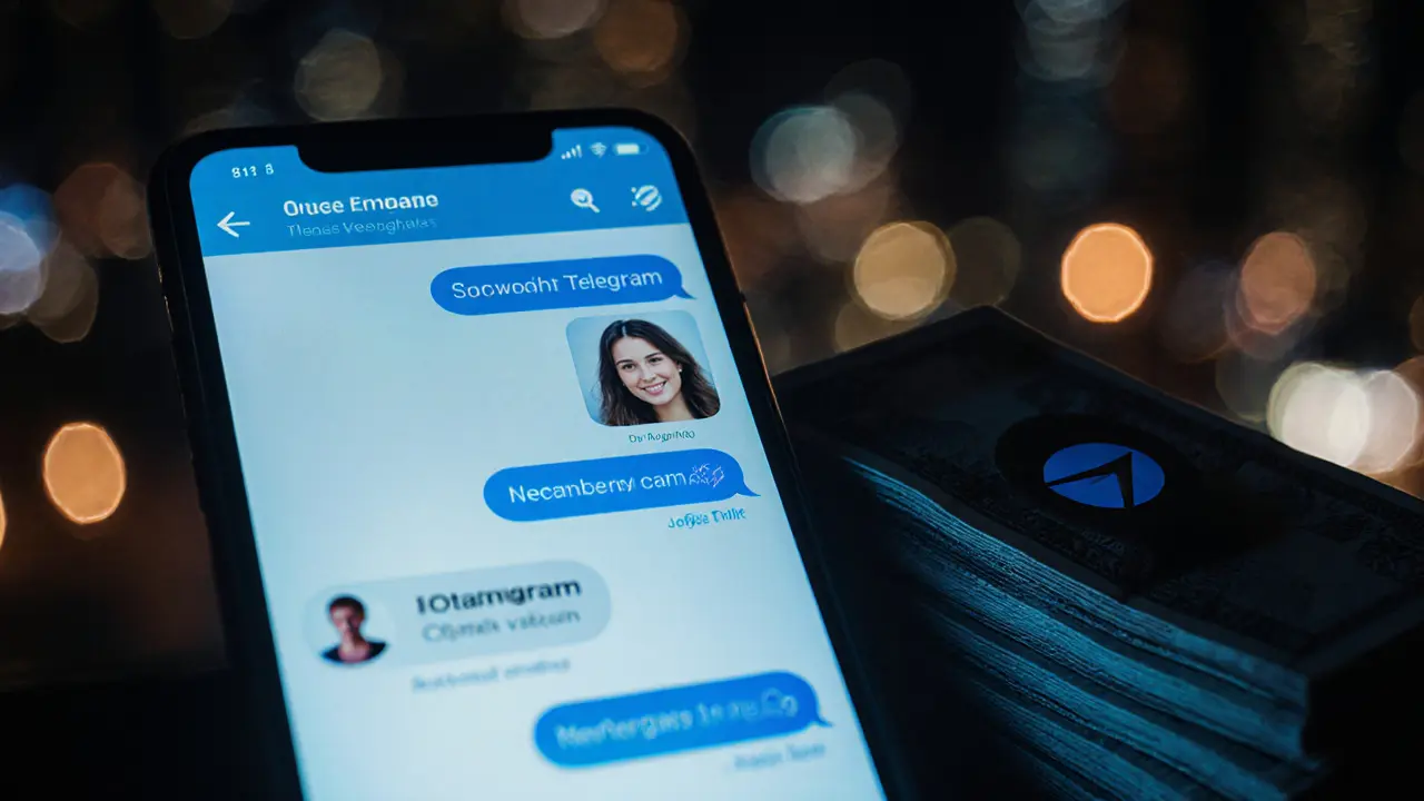 A smartphone screen shows an encrypted Telegram chat with a profile photo, cash and crypto wallet nearby in the dark.