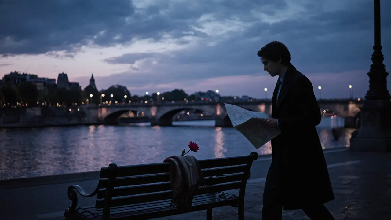 A solitary figure walking along the Seine at dusk, a scarf and flower on a bench nearby, twilight reflections on the water.