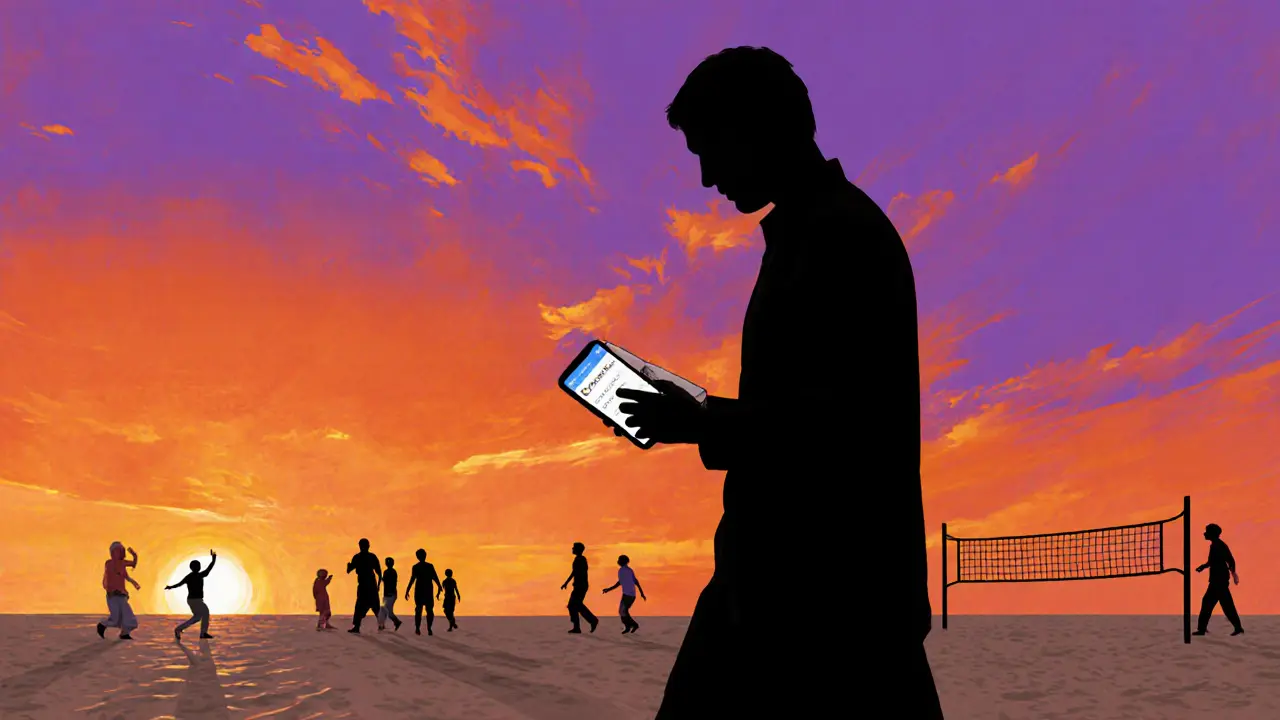 A solitary traveler walking on a beach at sunset, holding a journal, with people playing volleyball in the distance.