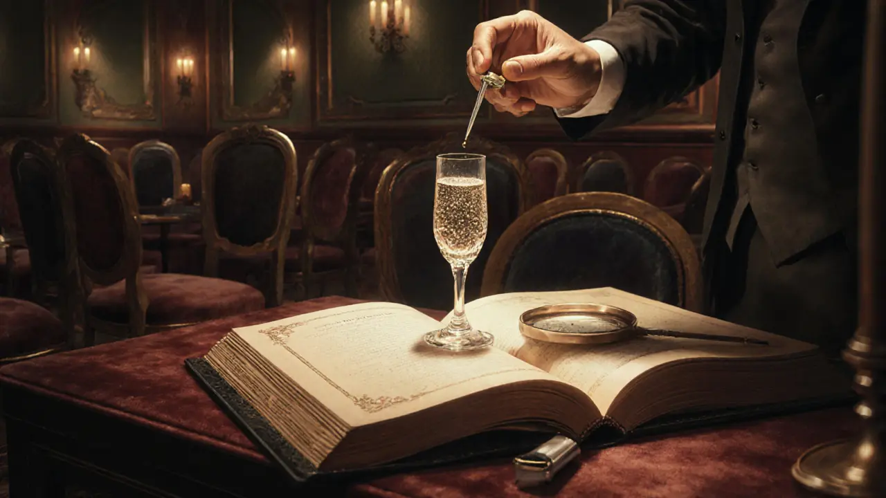 A sommelier pouring a single drop of rare champagne in an intimate, candlelit museum-like bar.