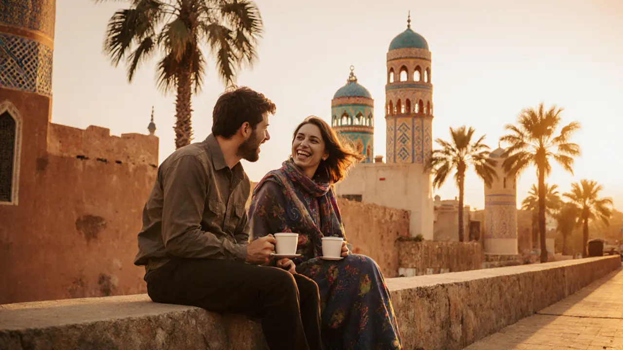 A traveler and local artist sharing coffee in Dubai&#039;s historic Al Fahidi district at sunset.