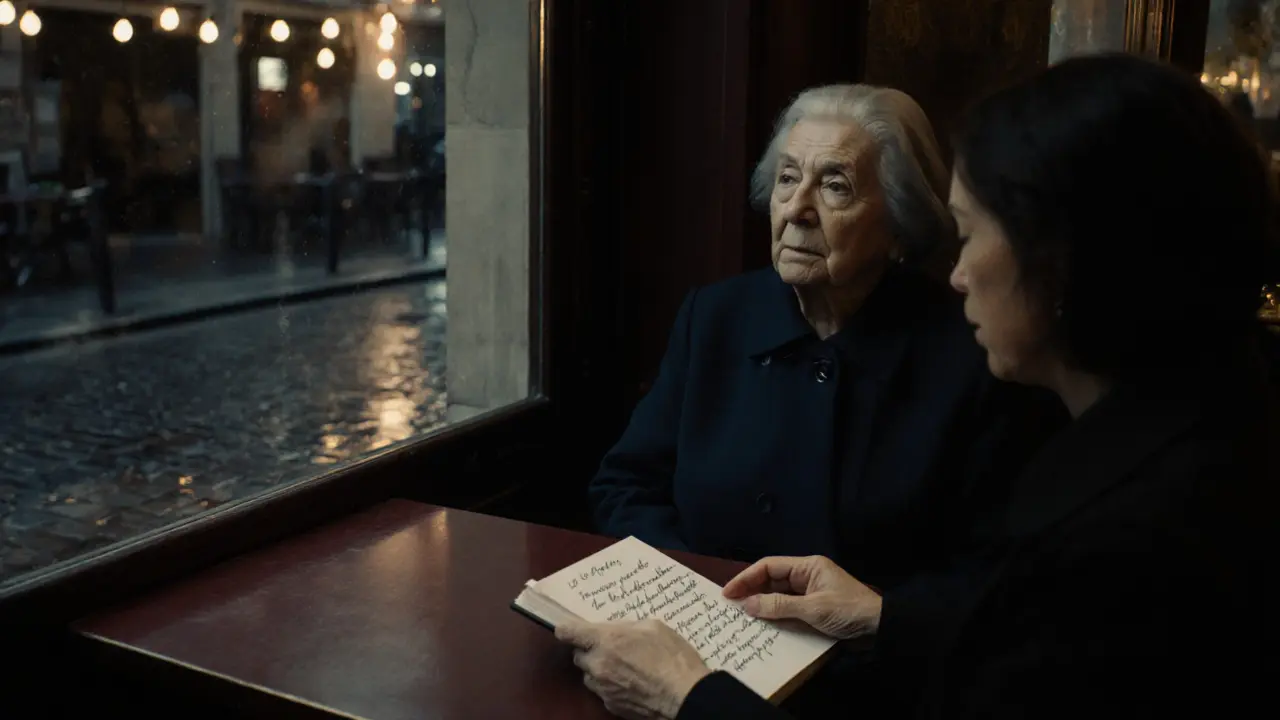 A widow and her companion at a cozy bistro table, reflecting in soft lamplight.