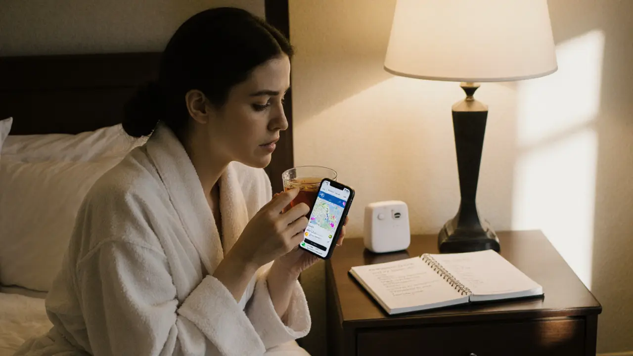 A woman in a hotel room calmly drinking tea, safety app visible on phone, personal alarm on nightstand, conveying quiet vigilance and self-care.