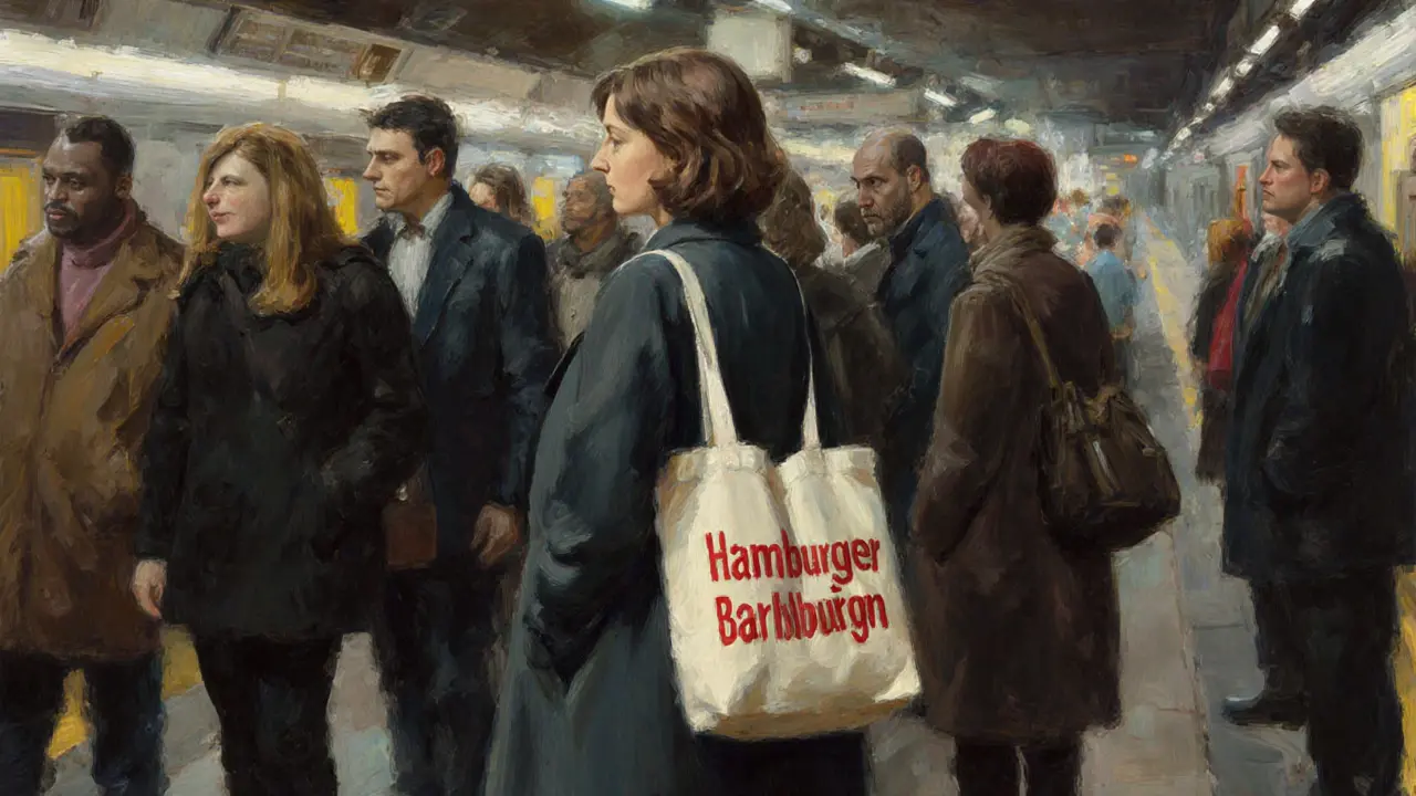 A woman in casual attire stands calmly on a Berlin subway among commuters, unnoticed and unjudged.