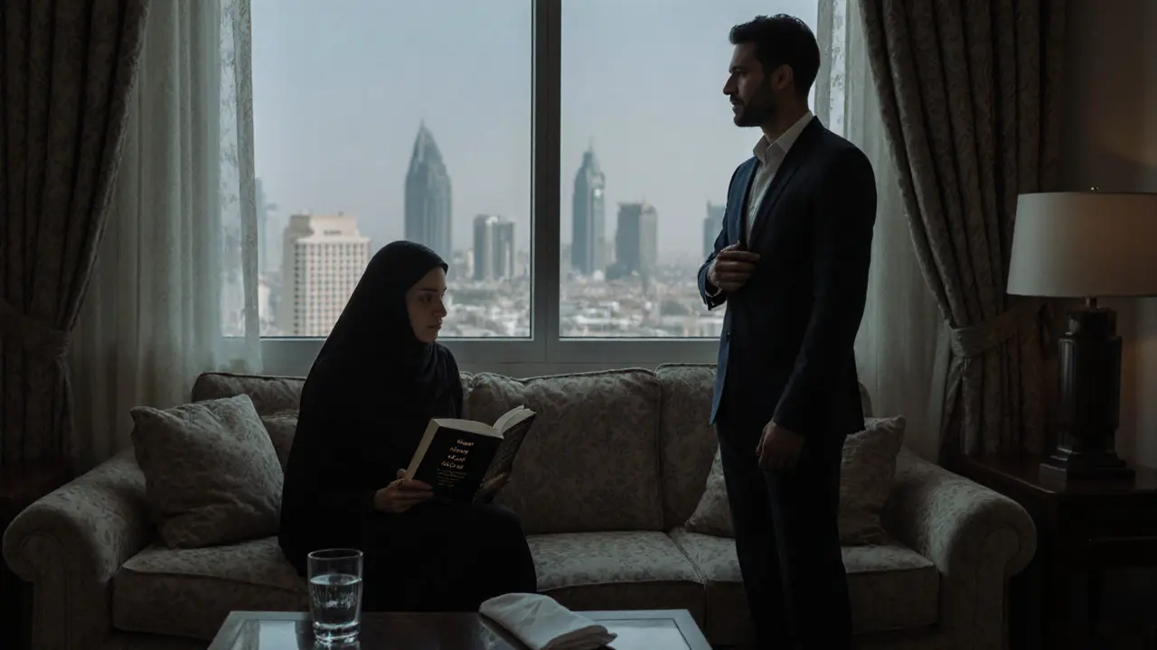 A woman reading a book in a modestly decorated Abu Dhabi apartment while a man looks out at the city skyline.