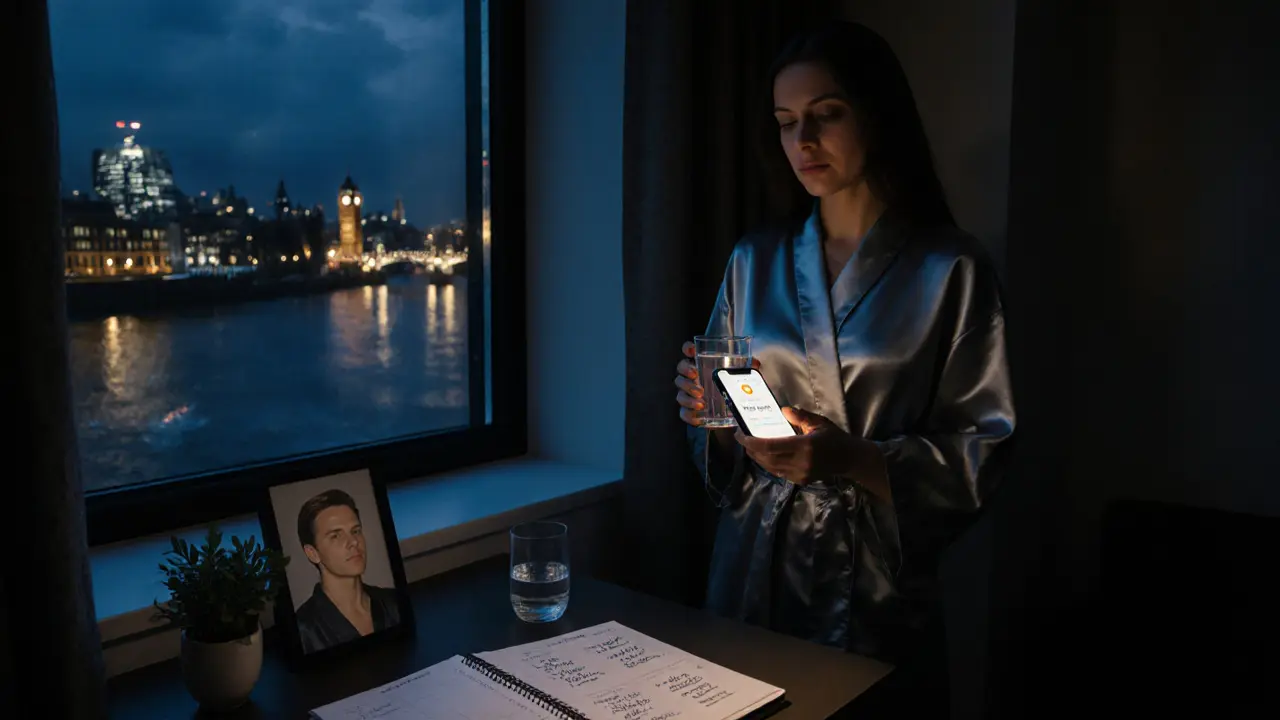 A woman standing by a window in her London flat, using a safety app with the Thames in the background.