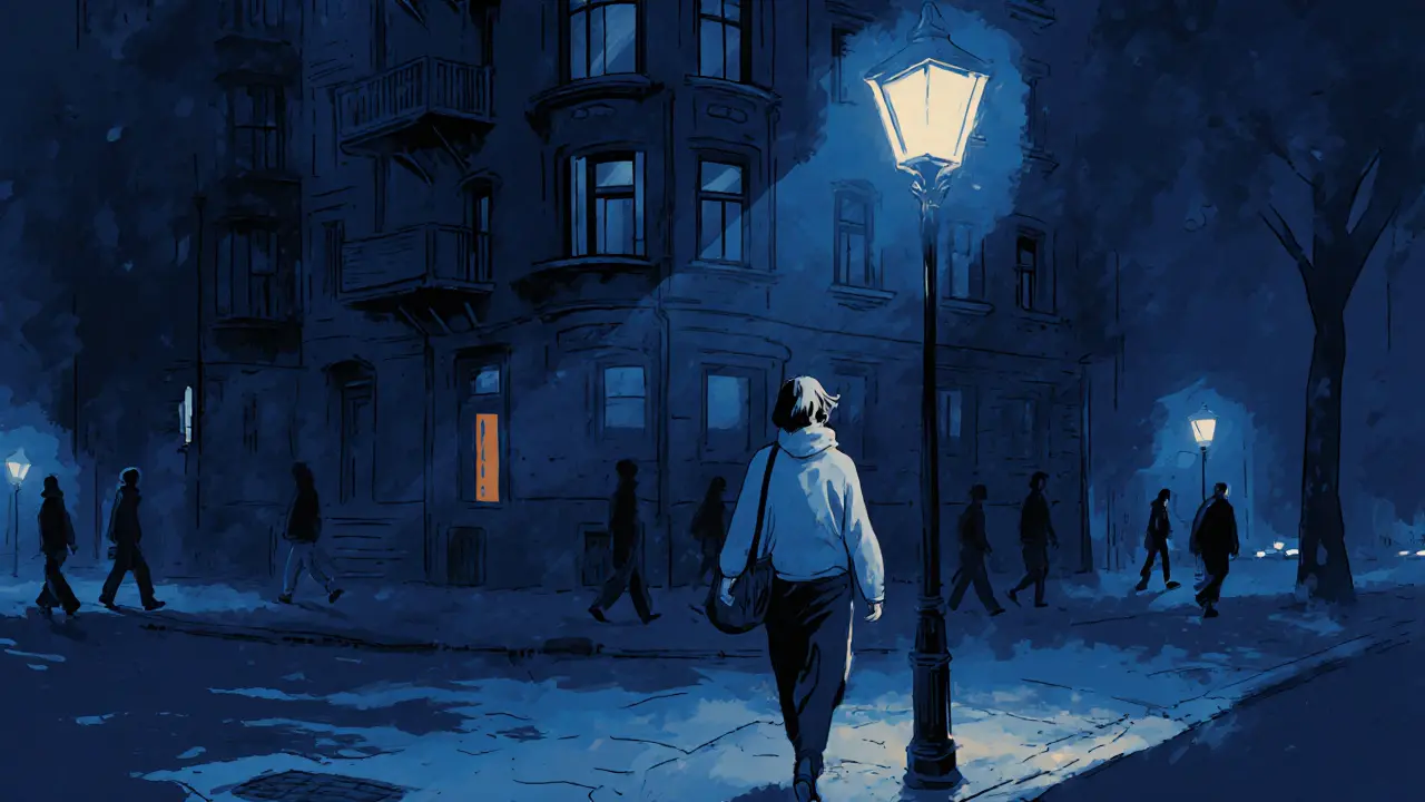 A woman walking alone at night through the quiet streets of Kreuzberg, Berlin.