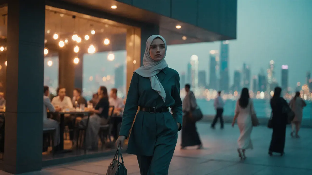 A woman walking confidently through Al Maryah Island at twilight, surrounded by modern architecture.