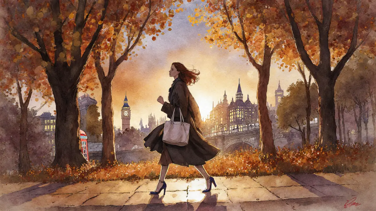 A woman walking through Hyde Park at dusk, strong posture, heels on, city lights in the distance.