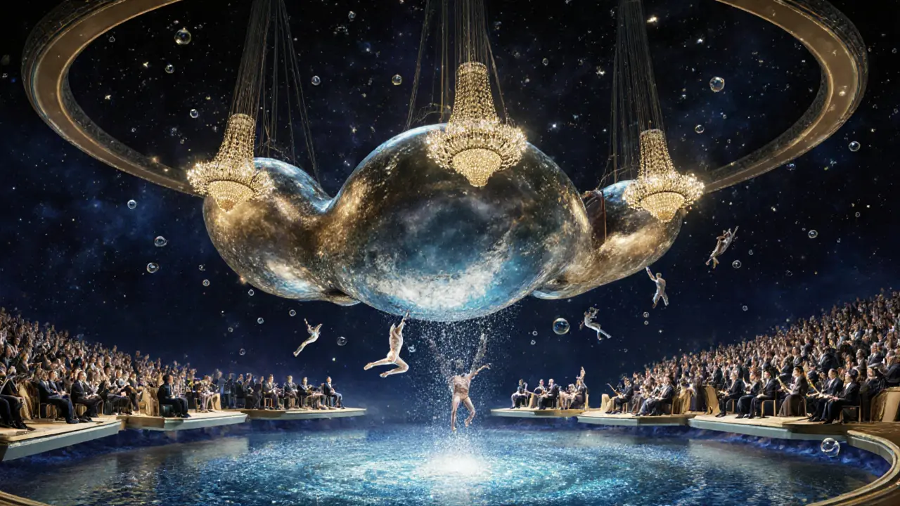 Acrobats diving into a glittering pool beneath a pearl-shaped theater, audience on floating seats under golden chandeliers.