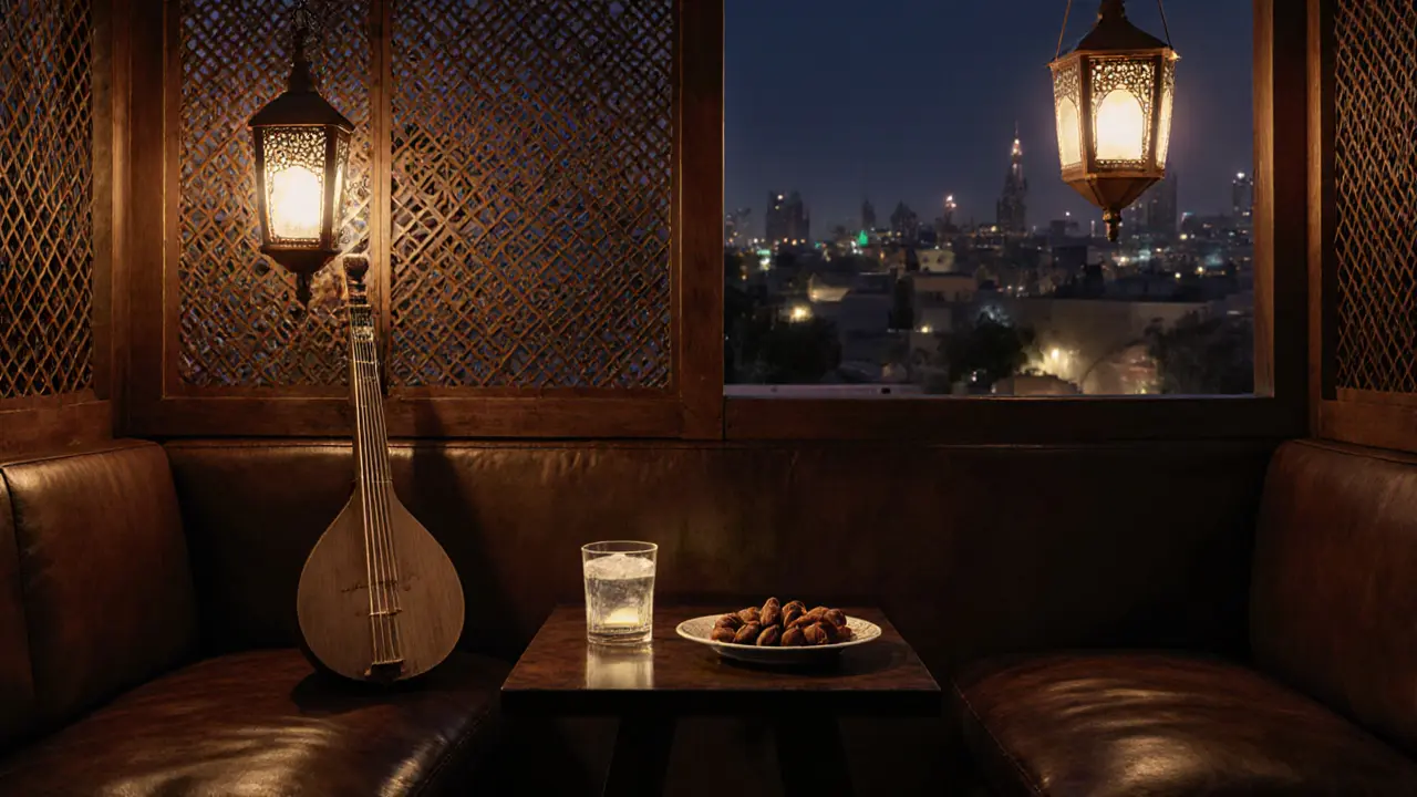Al Iqra Lounge with traditional mashrabiya screens and oud instrument in soft lantern light.