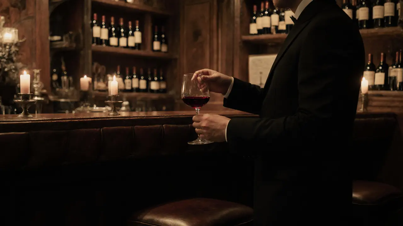 An exclusive wine cellar bar with an ancient bottle of Bordeaux being poured.