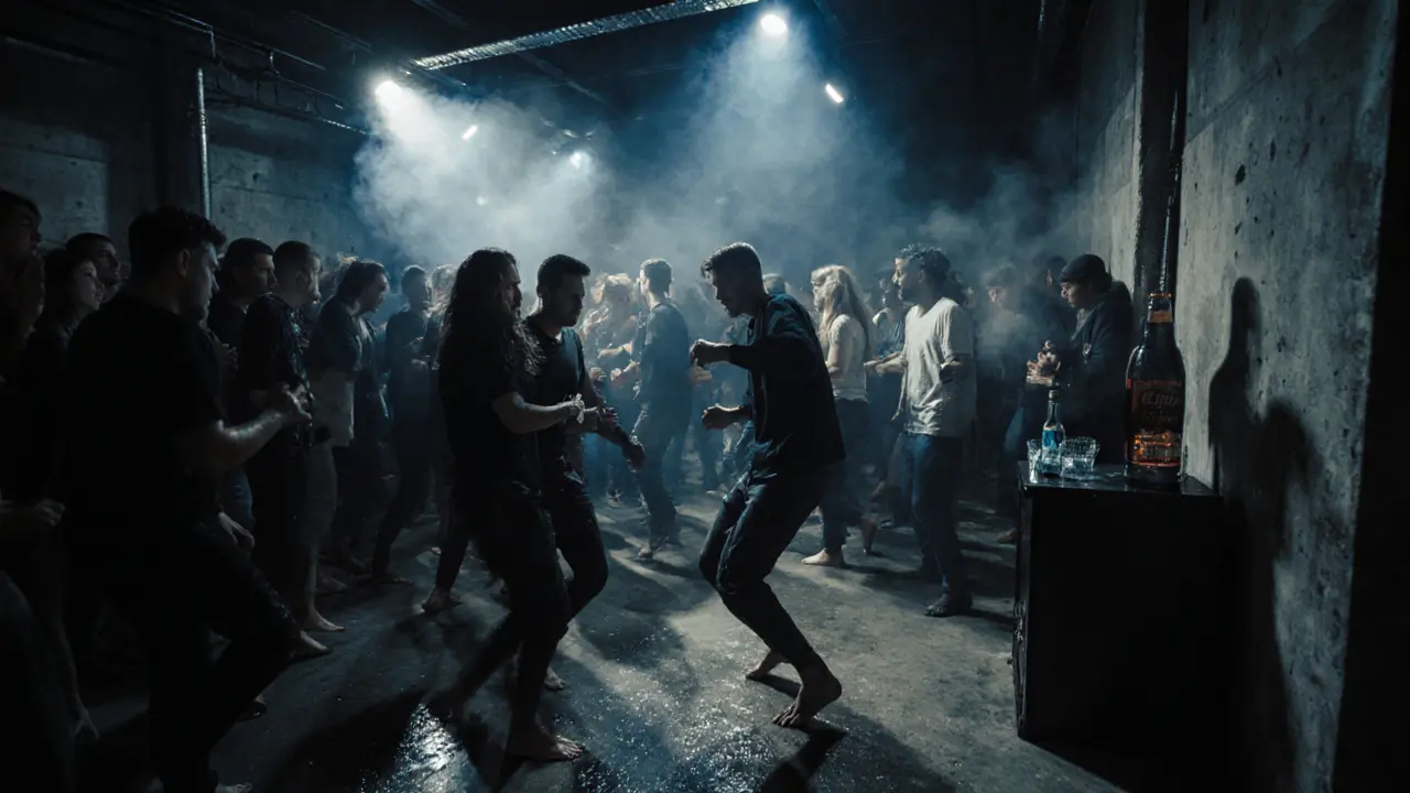 An industrial nightclub packed with dancers under harsh fluorescent lights, concrete floors, and deep bass vibrations.