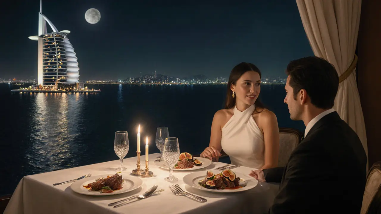 An intimate dining moment at Al Muntaha with the glowing Persian Gulf below and candlelit table.