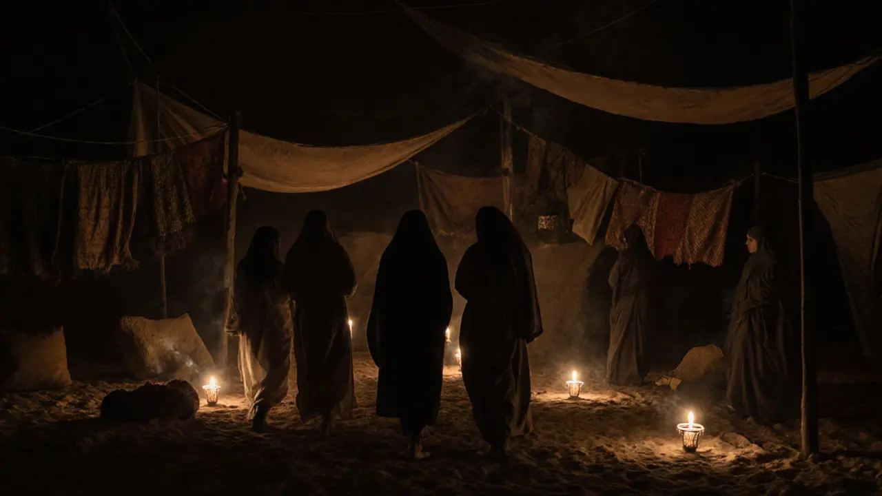 Audience walking through a Bedouin camp at night with oil lamps and actors whispering stories.