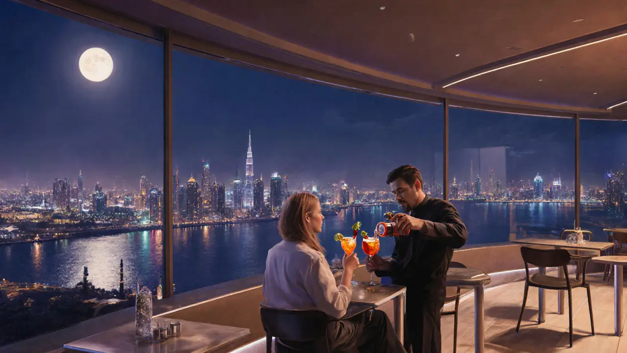 Couples enjoying cocktails on a rooftop terrace with Abu Dhabi’s skyline glowing in the background.