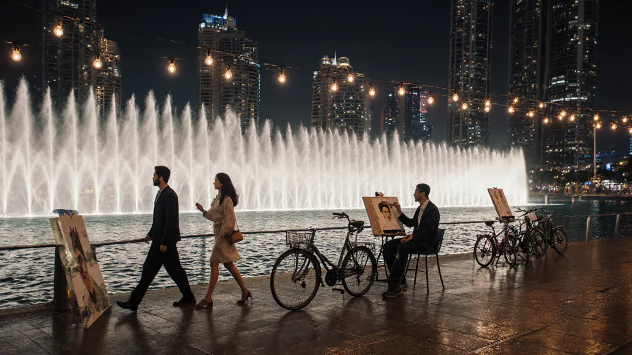 Couples strolling along Dubai Marina at night with the fountain lighting up the skyline.