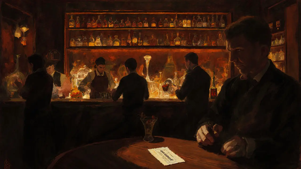 Cozy speakeasy bar with mixologists preparing spiced cocktails in dim, intimate lighting.