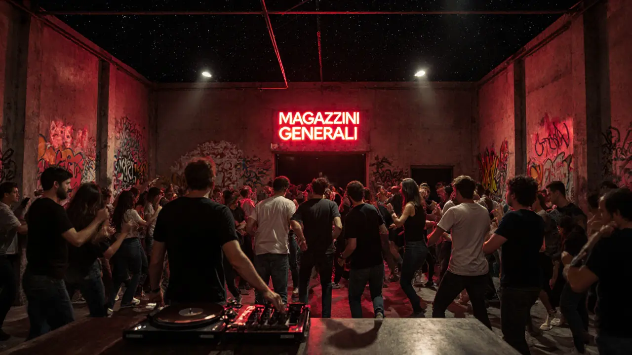 Crowd dancing under the stars in a converted warehouse with techno beats echoing.