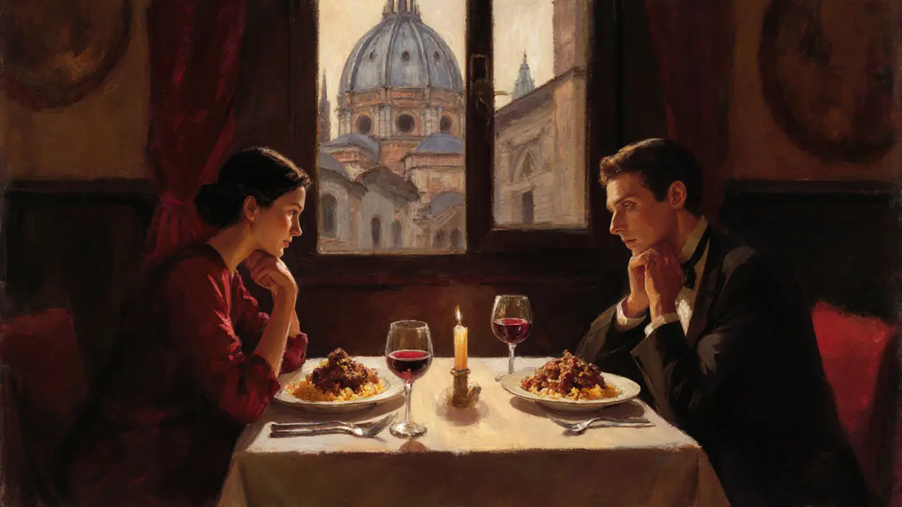 Elegant dinner at Trattoria Milanese with candlelight and view of the Duomo.