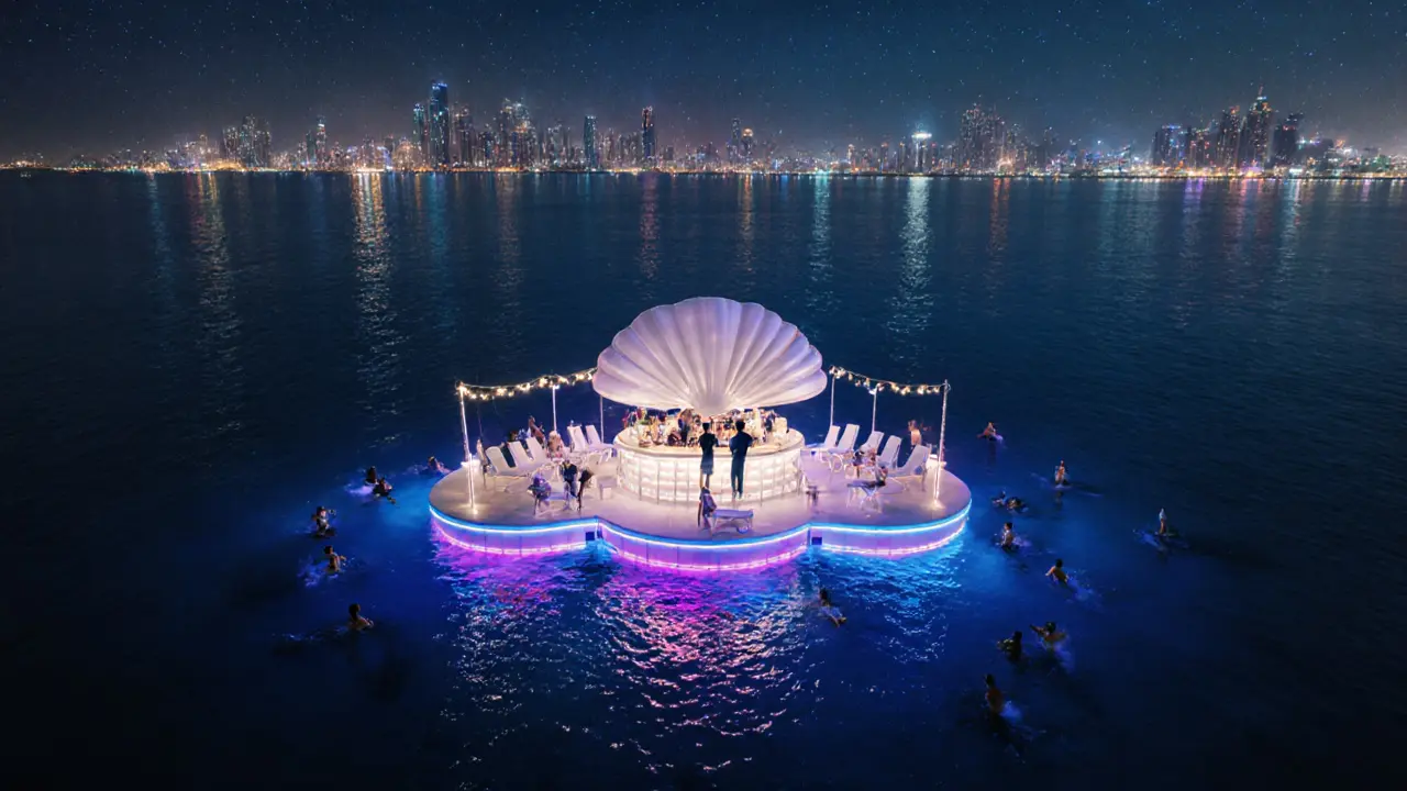 Floating bar with fairy lights above the ocean, glowing loungers and Abu Dhabi skyline in background.