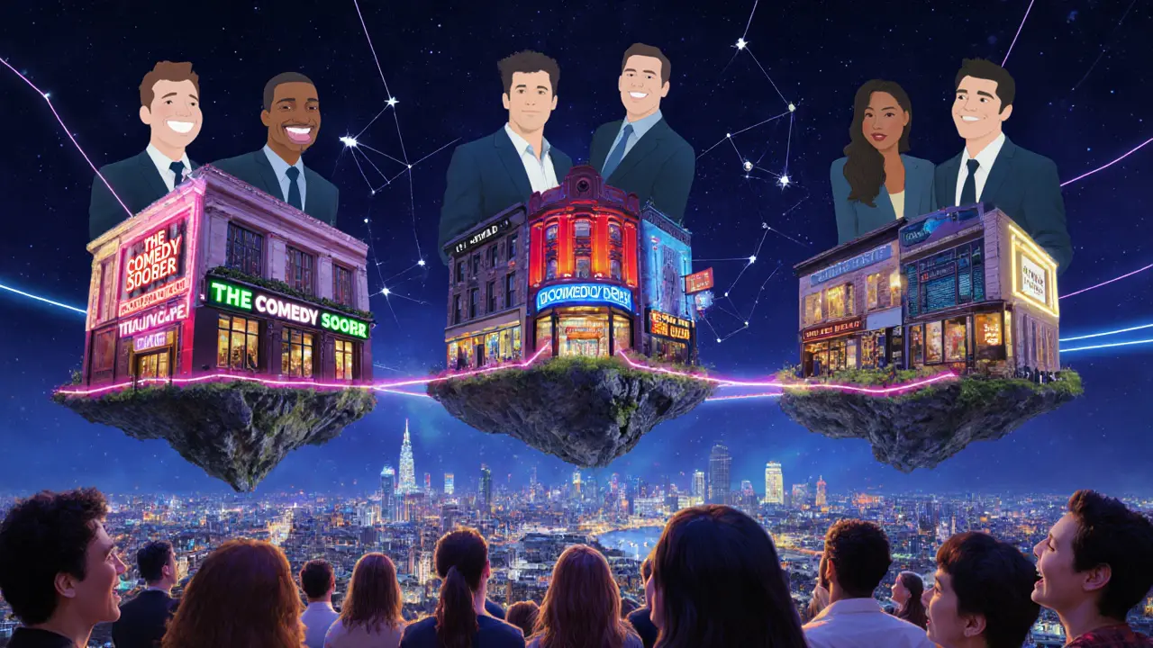 Floating comedy venues above London map connected by glowing laughter lines and diverse silhouettes