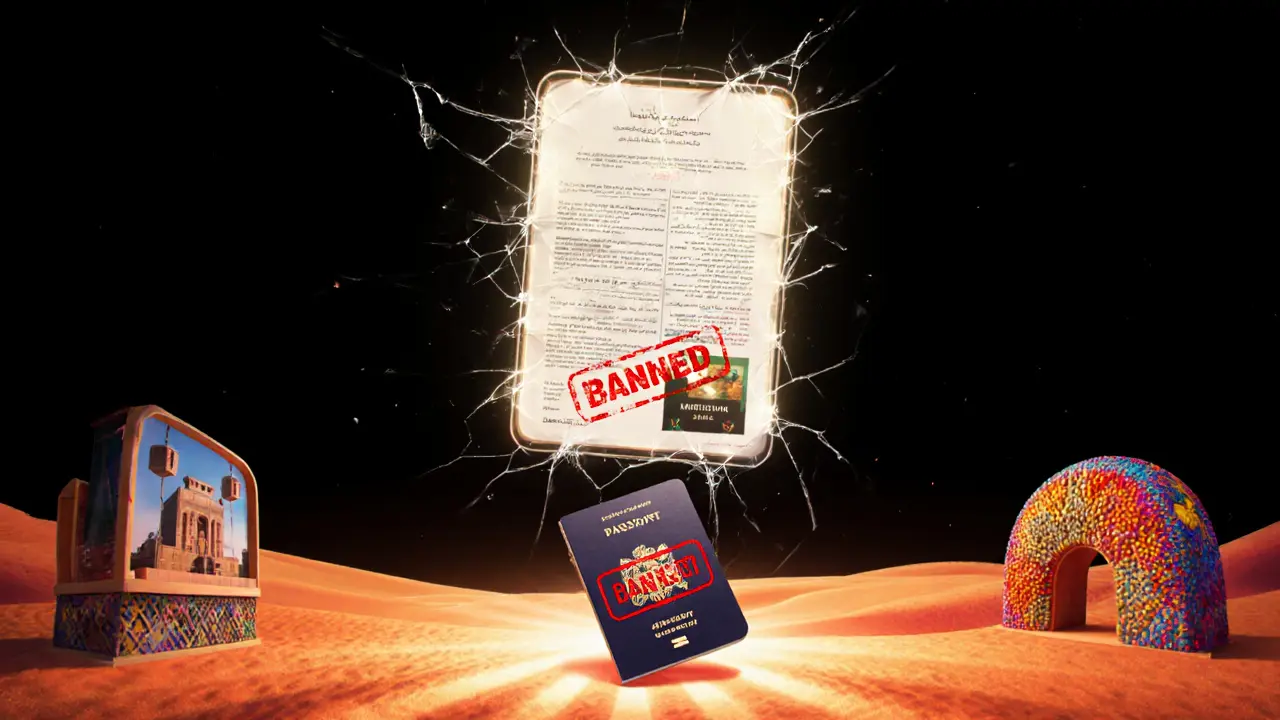 Floating legal document above broken phone, with alternatives like desert safari glowing in light.