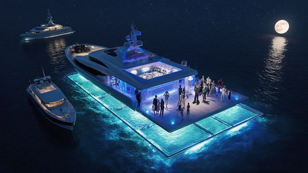 Floating nightclub Blue Bay on the Mediterranean with glowing glass floors and luxury yachts nearby.