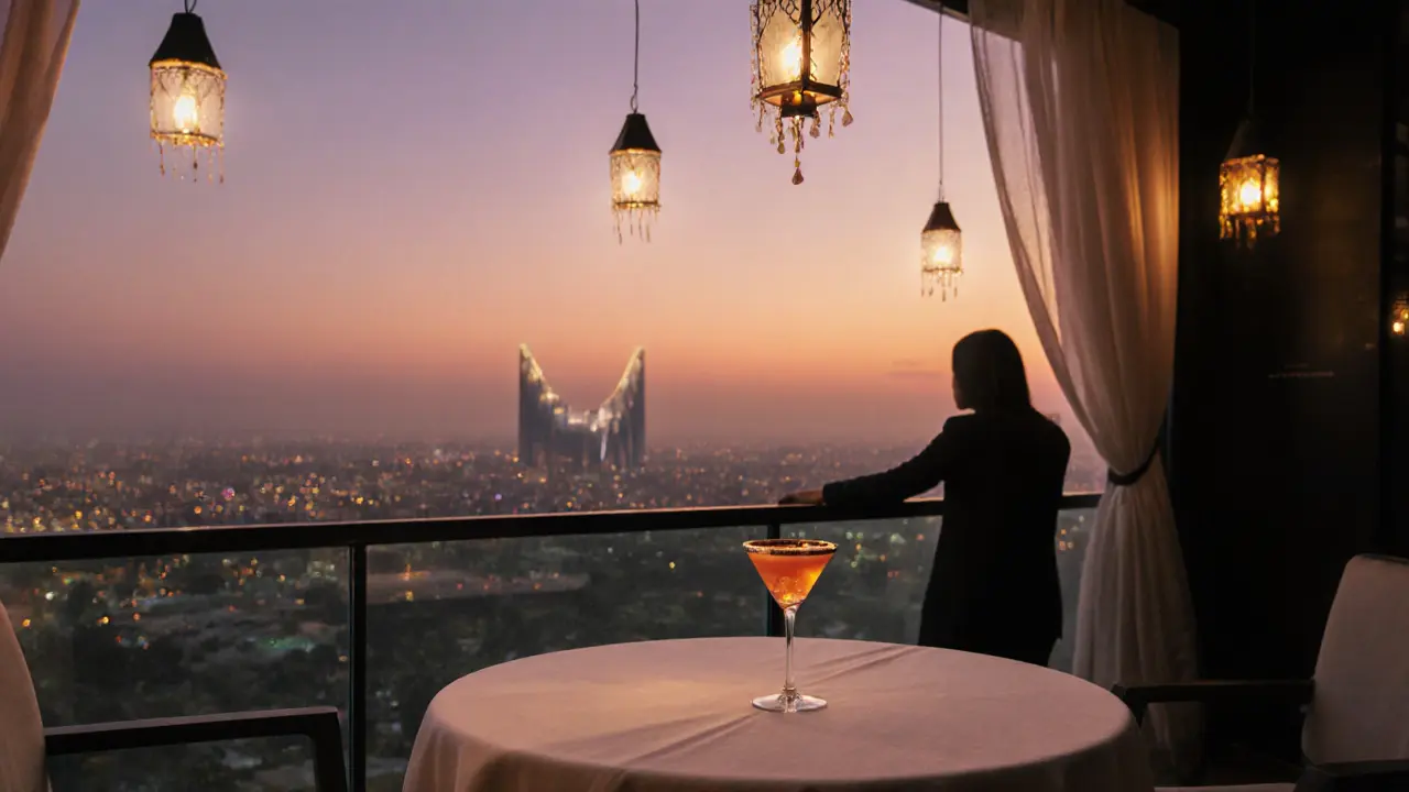 Golden cocktail on a rooftop table with Abu Dhabi skyline glowing at sunset.