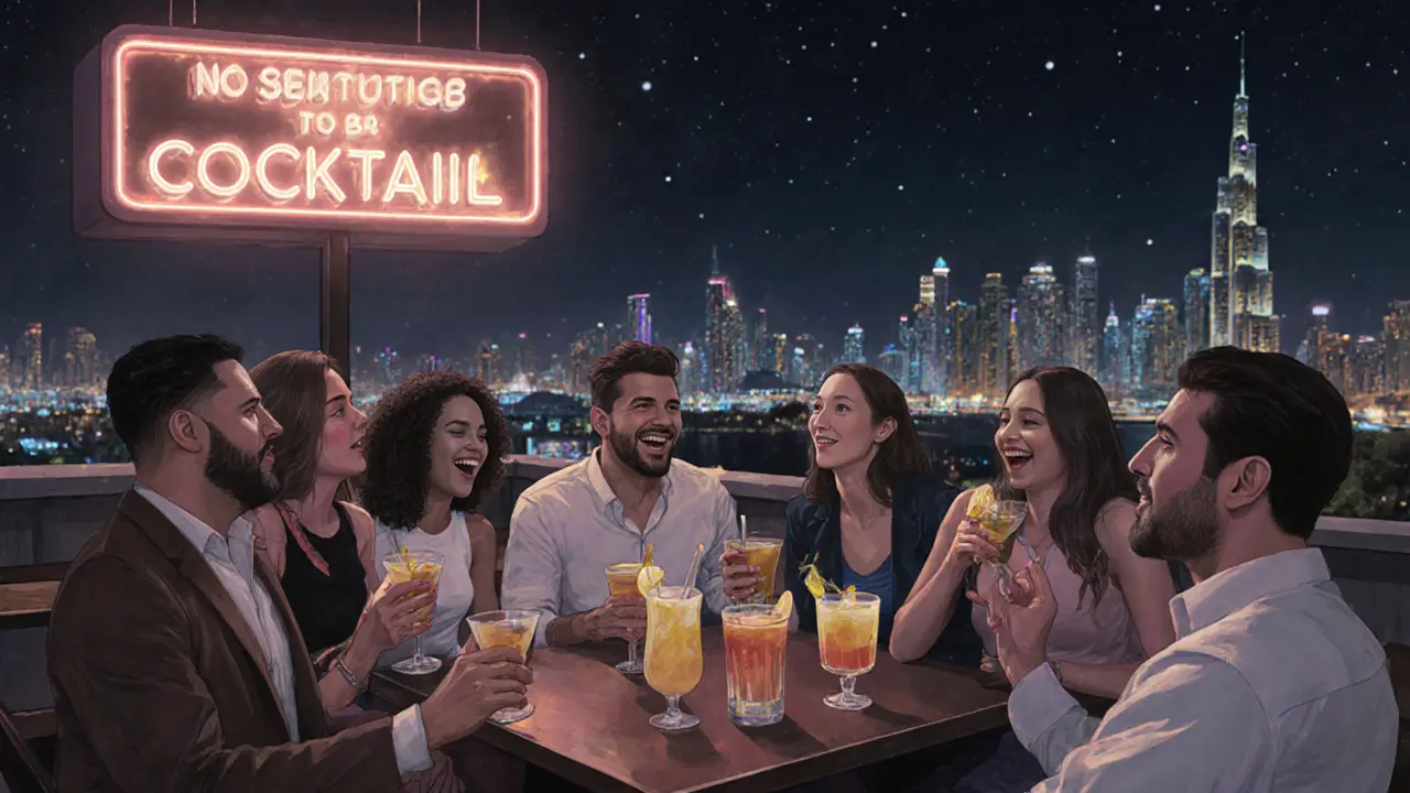 Group of expats enjoying cocktails on a Dubai rooftop bar with city skyline in background.