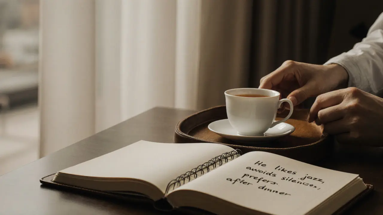 Hands place a teacup beside a journal with handwritten notes on client preferences, symbolizing attentive emotional care.