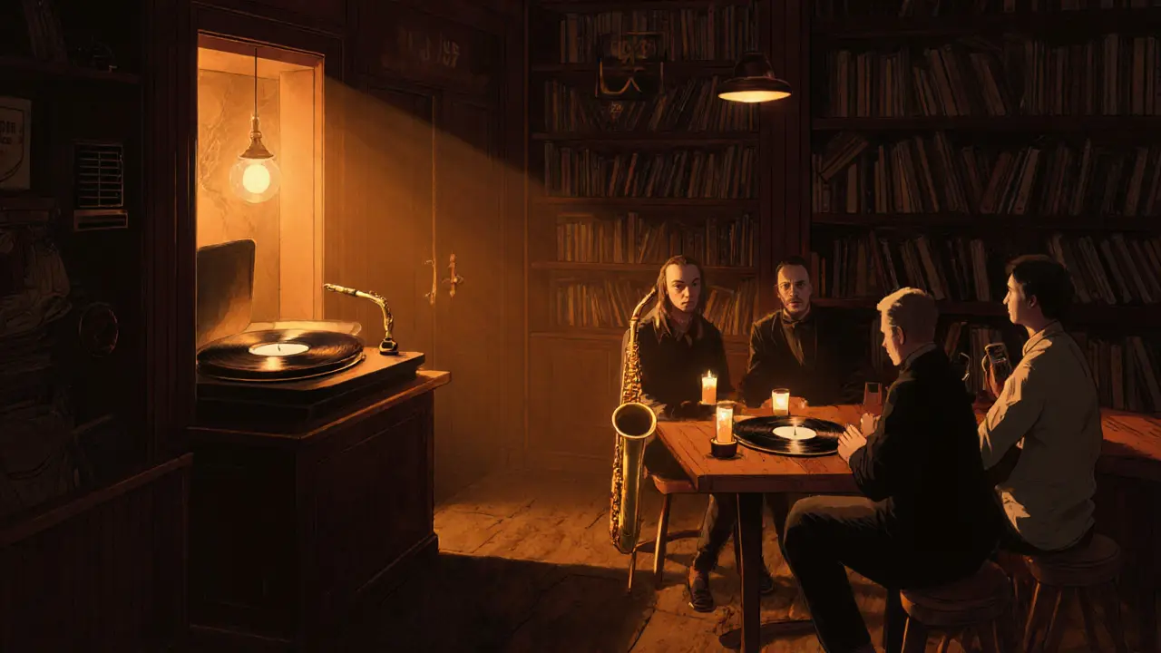 Hidden basement bar with vinyl records and candlelit patrons, no phones, warm wooden interiors.
